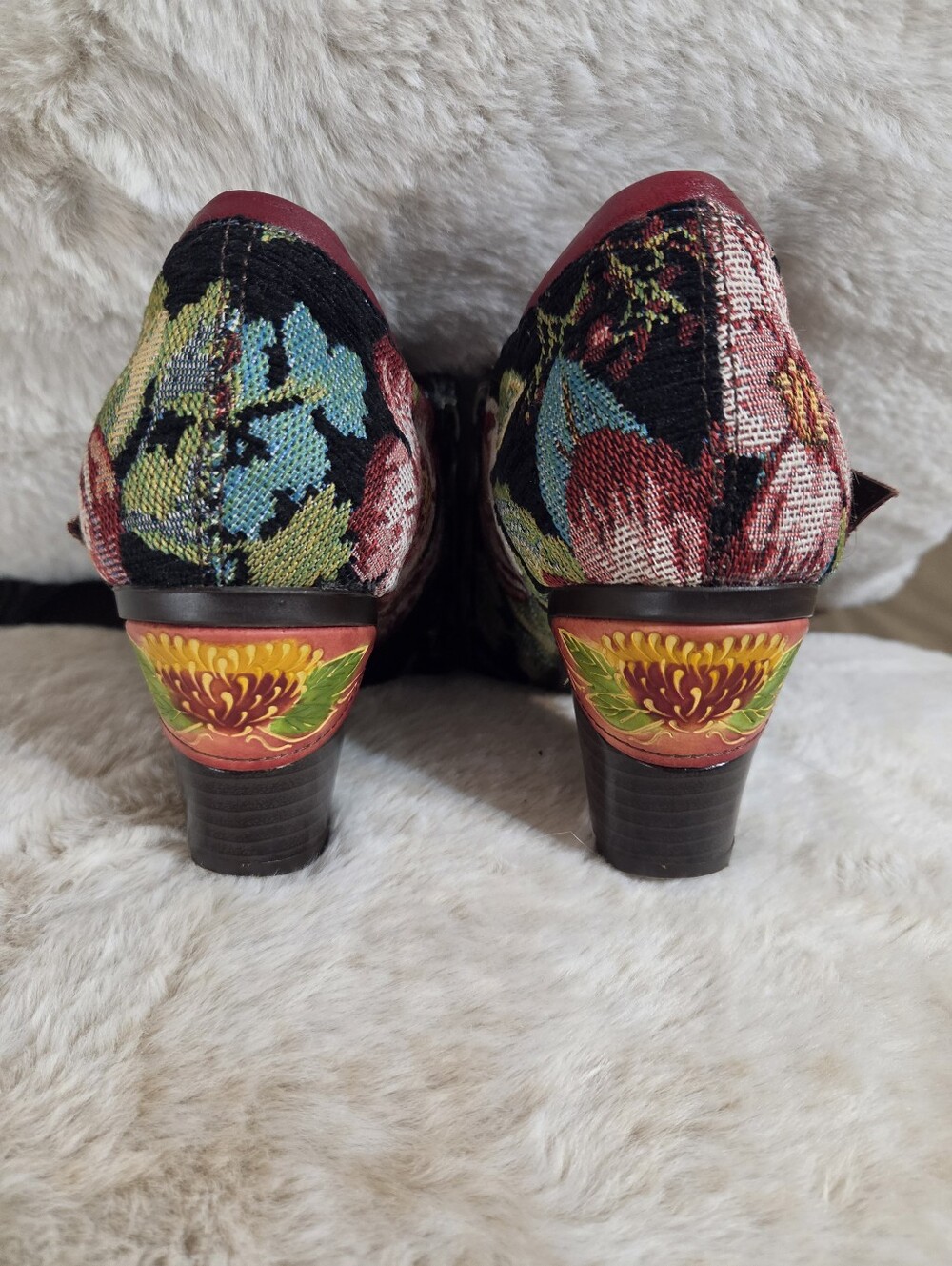 Socofy Multicolor Floral Strap Block Heel Shoes Burgundy Accent. Sz 39 Or 81/2 - Picture 6 of 13